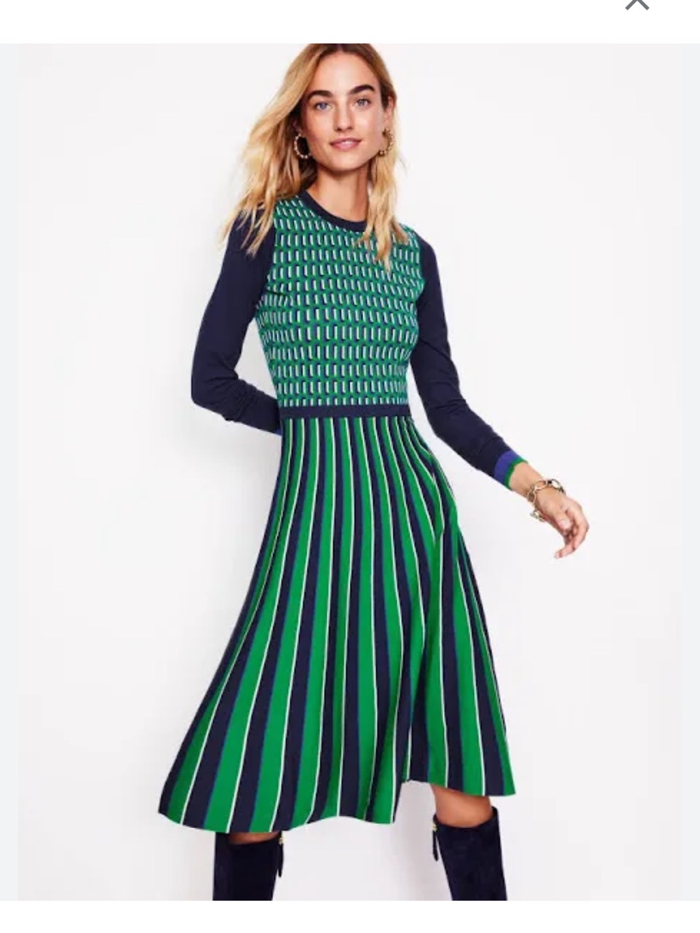 BODEN Maria Jacquard Knitted Dress Green Navy Blue Stripes Long Sleeve Sz 6